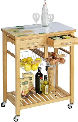 Imagen del producto de Carrito de cocina: carro de servicio de bambú y metal, 69 x 88 x 40 cm, color marrón