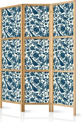 Produktbild von 3-teiliger Einseitiger Vlies Japanischer Paravent - Rose Vines - Monochromatic Blue Birds Resting Among Roses 135x172 cm Blumen b-H-10044-bh-a