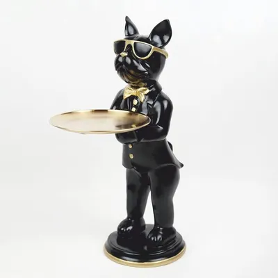 Produktbild von Casa Padrino Deko Figur Bulldogge mit Tablett Schwarz / Gold H. 67,5 cm - Deko Skulptur