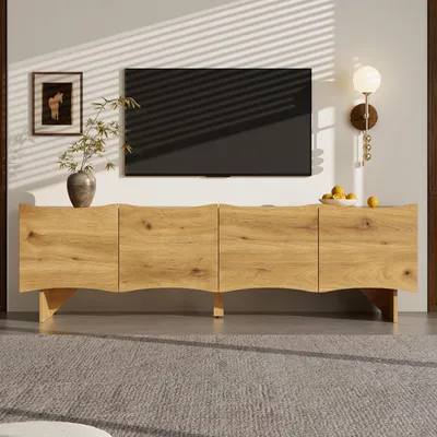 Produktbild von Fortuna Lai TV-Schränke mit Wellenmuster – 155 cm Medienkonsole mit Stauraum, Vier Türen und Kabeldurchführungen in Holzoptik für Wohnzimmer