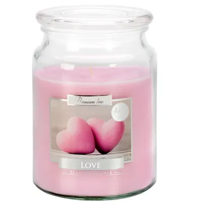 Immagine prodotto di BISPOL Candela profumata grande in vaso con coperchio, 100 ore di combustione, peso 500 g, altezza 14 cm, fragranza: LOVE