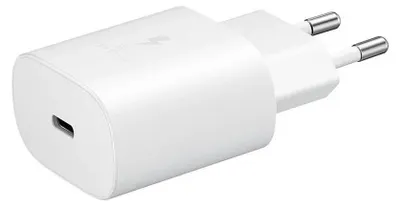 A white USB-C fast charger is shown against a white background.