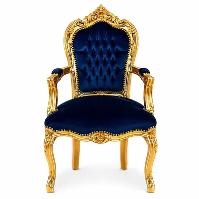 Produktbild von Barockstuhl Barock Stuhl Armlehne Blau Gold Stoff Esszimmer Wohnzimmer Büro Flur Schminkstuhl Klassisch Premium Luxus Modern Retro Royal Antik Stil