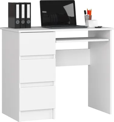 Produktbild von Computertisch Bürotisch mit ausziehbarer Tastaturablage, Laminatplatte mit ABS-Kante, mit 3 Schubladen links, 90 x 50 x 77 cm, weiß