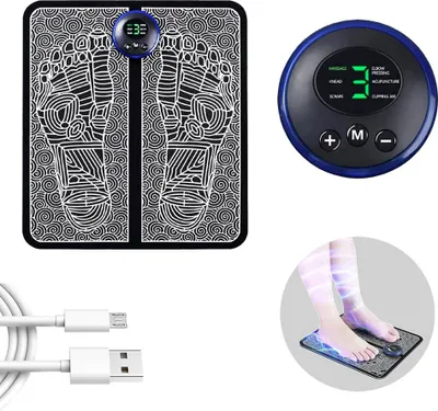 A collage of images showing an EMS foot massager, its control unit, a charging cable, and a lifestyle shot of someone using the device.