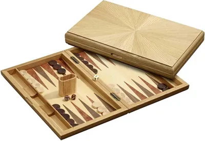 A wooden backgammon set is open and displayed on a white background. The lid is partially open, revealing the playing board and pieces.