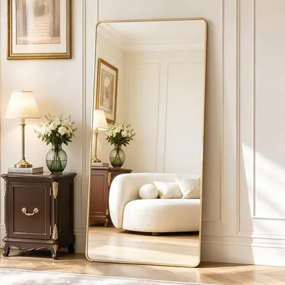 Image de Miroir de pied de 171x76 cm avec angles arrondis, miroir pleine longueur sur pied, finition dorée