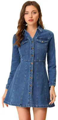 Produktbild von Allegra K Damen Jeanskleid Button-Down-Kragen V-Ausschnitt Langarm A-Linie Baumw