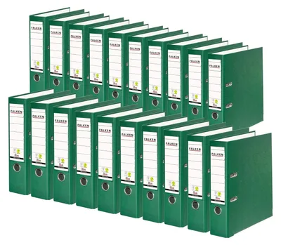 Obrázek produktu pro Originální barevné plastové pořadače Falken v balení 20 kusů. Vyrobeno v Německu. šířka 8 cm DIN A4 zelená Kroužkový pořadač Vegan Složka na dopisy Kancelářský pořadač Plastový pořadač Složka s drážkami
