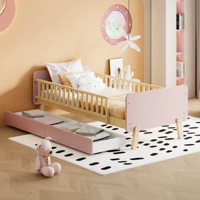 Immagine prodotto di Letto per bambini Fortuna Lai 90x190 con 2 cassetti, letto singolo in legno massiccio con rete a doghe, rosa