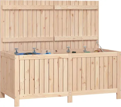 A wooden garden storage chest with its lids open, revealing some tools inside.