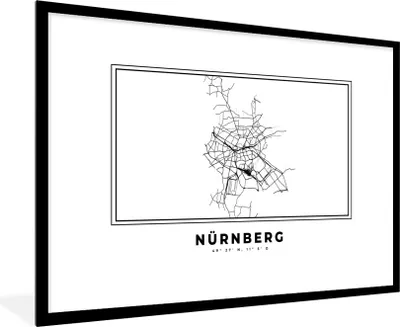 Produktbild von MuchoWow® Gerahmtes Poster Stadtplan - Schwarz-weiß - Karte - Nürnberg - Deutschland 90x60 cm - Poster mit Schwarzem Bilderrahmen Wandposter Rahmen Foto Bilder - Wanddekoration - Fotos