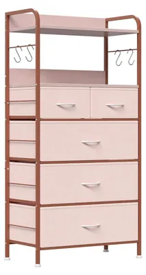 Zdjęcie produktu dla Komoda – szafka z 5 szufladami z tkaniny – metalowa konstrukcja – do sypialni, salonu, przedpokoju – 60 x 30 x 120 cm – różowa