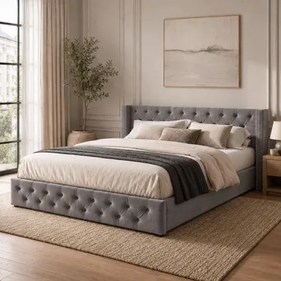 Produktbild von STILVORA Polsterbett 180x200cm mit Samt und Knopfnähten, Funktionsbett mit hydraulischem Stauraum, Doppelbett mit Ohrenform und Nieten, Grau, KI-generiertes Bild