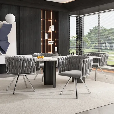 Immagine prodotto di MODFU, sedia girevole, sedia da pranzo in velluto, set di 4 pezzi, elegante sedia girevole in velluto, ideale per il soggiorno o la camera da letto, con 4 gambe in metallo, colore grigio e argento