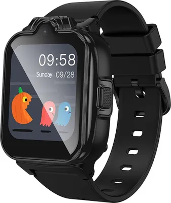 A black smartwatch with a colorful screen displaying the time and date, along with cartoon characters.