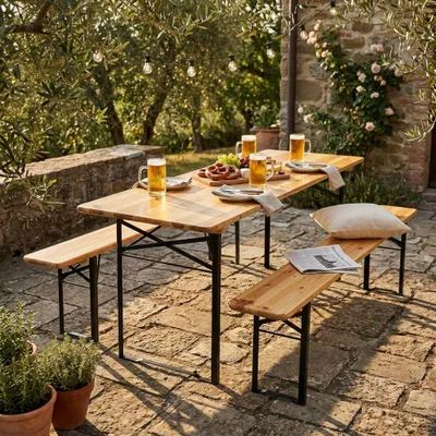 Immagine prodotto di Milani Home - set birreria tavolo e panche, legno, tavolo e 2 panche, 8 posti, marrone e verde, piano 220 x 70 cm