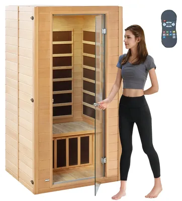 Obrázok produktu pre VEVOR drevená infračervená sauna, saunové kúpele pre domácnosť Nízkoemisné infračervené sauny z dreva hemlock s dverami z tvrdeného skla a viacfarebnou lampou, reproduktorom Bluetooth a farebnou svetelnou terapiou,