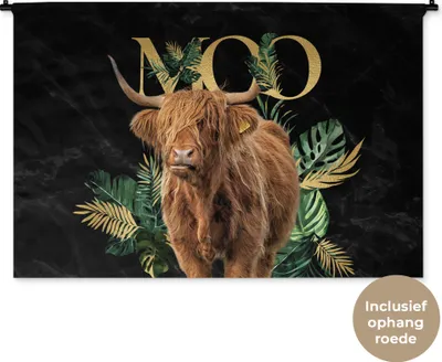 Produktbild von MuchoWow® Wandteppich Wandbehang Schottisches Hochlandrind - Monstera - Gold 120x80 cm Tapisserie Dekoration Wandtuch - Wanddekorationen - Wandtücher