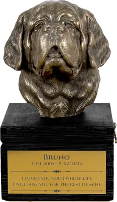 Zdjęcie produktu dla Bernardyn – urna z grawerem i figurką psa, ostatnie pożegnanie, ręcznie wykonany produkt marki Art-Dog