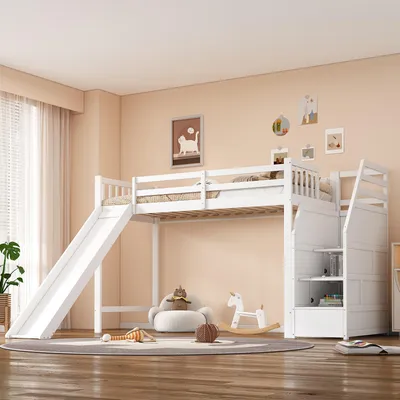 Produktbild von Flieks Etagenbett 90x200cm mit Rutsche, Kinderbett mit Rausfallschutz und Schubladen, Hochbett mit Treppe, Einzelbett Holzbett mit Lattenrost, Weiß