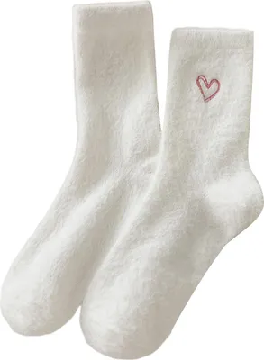 Produktbild von 1 Paar Wintersocken, verdicktes Plüsch-Mittelrohr, hochelastische Socken mit Herzstickerei, rutschfeste Anti-Pilling-Bodensocken, bequeme, warme Schlafsocken