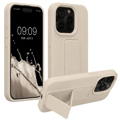 Produktbild von kwmobile Handyhülle für Apple iPhone 15 Pro Hülle - TPU Silikon Case mit Fingerhalter und Stand - Schutzhülle Cover in Creme