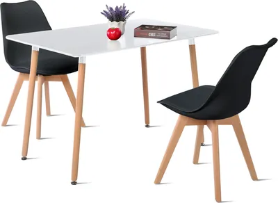 Image de HJ_WeDoo Table de salle à manger ronde blanche avec 2 chaises de salle à manger noires, Ensemble de salle à manger scandinave 110x70x74cm pour cuisine, bureau, salle de conférence