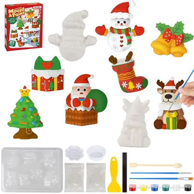 Immagine prodotto di Set per bambini per creare oggetti in gesso, ideale per attività manuali. Include 7 modelli per realizzare figure in gesso da dipingere. Perfetto come regalo creativo per Natale