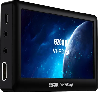 A black electronic device with a screen displaying a space-themed image and text.