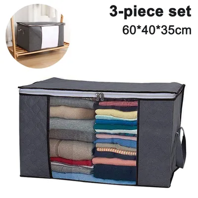 A collage showing a storage bin on a shelf and a close-up of a fabric storage container filled with folded clothes.