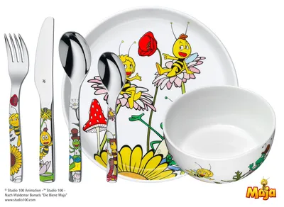 Imagen del producto de WMF Kinderset, juego de 6 piezas "Maja la abeja", cubiertos para niños, color blanco, porcelana, acero inoxidable, apto para niños a partir de 3 años, 16,5 cm, 18,5 cm
