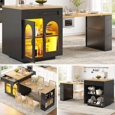 Image de Îlot de cuisine extensible, équipé de LED, avec 2 tiroirs, des étagères réglables, des portes en verre rainurées et un plan de travail en MDF