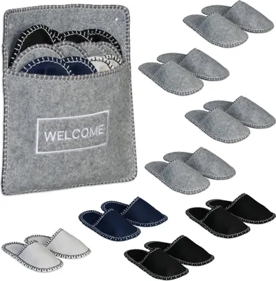 Produktbild von Relaxdays Gästehausschuhe 6 Paar, Hausschuhe Set mit Tasche, Größen 36-45, Filzpantoffeln, Antirutsch-Sohle, mehrfarbig