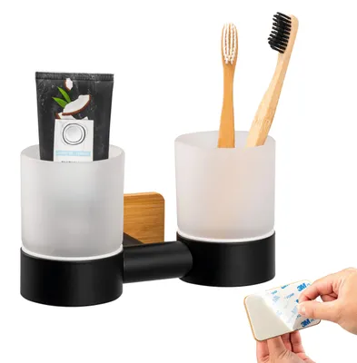 Imagen del producto de Serie de baño PIAZZA BLACK TAPE BAMBUS de Bremermann: portavasos doble con almohadilla adhesiva