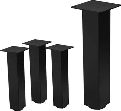 Four black metal table legs of varying heights are displayed against a white background.