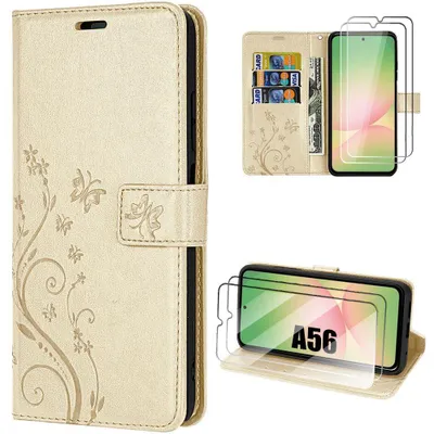 Image de Coque + 2 Verres Trempés pour Samsung Galaxy A56 5G, Flip Case Cuir Synthétique Anti-Rayures Motif Plante Papillon Doré