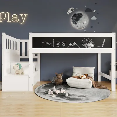 Produktbild von Flieks Etagenbett 90x200cm mit Tafel, Kinderbett Hochbett mit Stauraumtreppe, Massivholz Kinderbett Einzelbett mit Lattenrost, Weiß