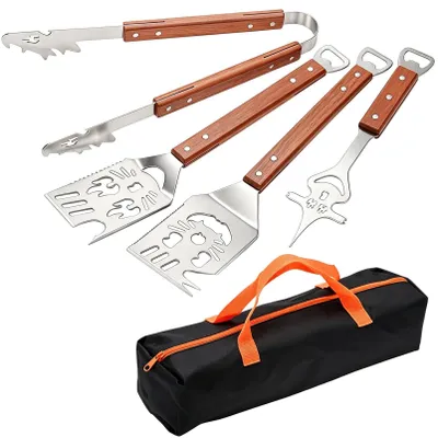 Zdjęcie produktu dla Omgoods - Zestaw sztućców do grillowania - 4-elementowy zestaw z torbą do przenoszenia