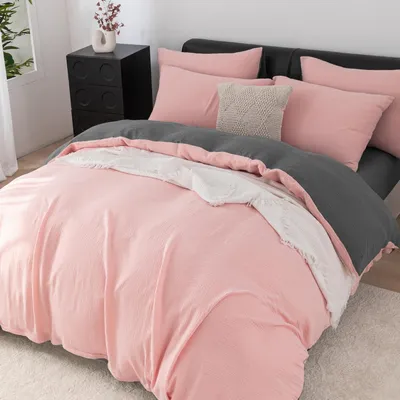 Zdjęcie produktu dla Komplet pościeli z muślinu, 200x220 cm, różowy/szary, 100% bawełna, 3-częściowy, z zamkiem