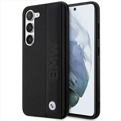 A black BMW branded phone case is shown next to a smartphone.