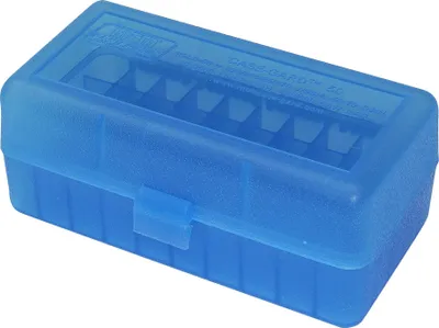 Zdjęcie produktu dla MTM 50 Round Flip-Top Rifle Ammo Box WSSM, 500 S&W (Clear Blue)