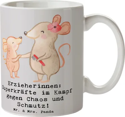 Produktbild von Mr. & Mrs. Panda Tasse Superheldin Erzieherin - Grau Pastell - Geschenk, handgefertigte Geschenke, Berufsprodukte, Berufsgestaltung, Kaffeebecher, haferl, Kaffeetasse