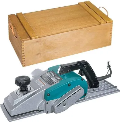 A wooden box and a power planer are shown against a white background.