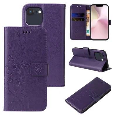 Produktbild von Handyhülle für Apple iPhone 16e Floral Blumen Schmetterling Flip Cover Hülle Case Klapphülle Handytasche Farbe: Violett