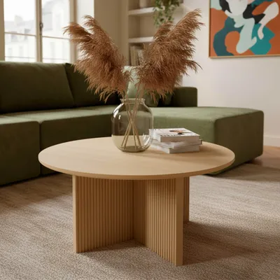 Immagine prodotto di Tavolino da caffè rotondo scandinavo da 80 cm con effetto legno chiaro - Oviala Cassidy