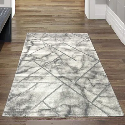 Zdjęcie produktu dla Designerski dywan o marmurowym wyglądzie i błyszczących włóknach w kolorze szarym Rozmiar - 80 x 150 cm