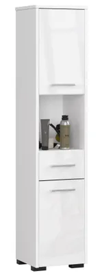 Produktbild von Freistehender Badezimmerschrank: eine Schublade, zwei Türen, fünf Einlegeböden, Farbe: Weiß|Weiß glänzend, Möbelmaße: B: 30 cm, H: 140 cm, T: 30 cm