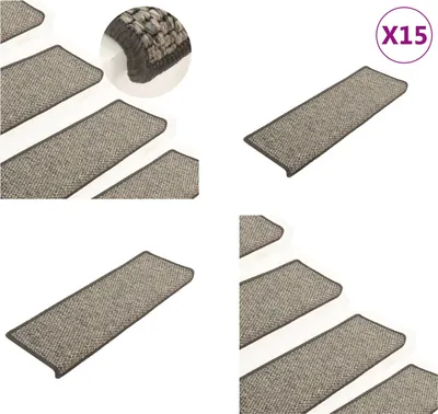 Image de vidaXL Tapis d'escalier Autoadhésif Sisal 15pcs. 65x21x4cm Gris & Beige - Tapis d'escalier - Tapis de marches - Tapis de marches