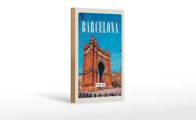 Produktbild von Holzschild Reise 12x18 cm Barcelona Spain Architektur Retro